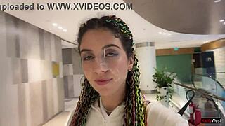 crazy brunette teen flashes tits then gulps cum after public mall toilet blowjob