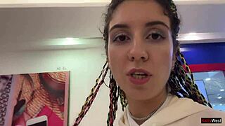 crazy brunette teen flashes tits then gulps cum after public mall toilet blowjob