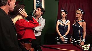 Cosplay cowgirl storms gaming bar for old cowboy action