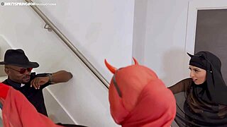 halloween hijabis explode in horny cum-swapping threesome frenzy