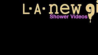 brunette bimbo bombshell strips for shower tease daddy