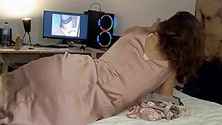 White French Slut in Satin Dress Thong Heels Takes Doggystyle Blowjob Rimjob!
