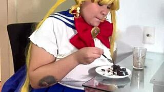 uhh chubby sailor moon cosplay rips huge nasty farts in skirt
