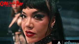 Ten girls in lesbian gangbang take rough fisting strap-on squirting.