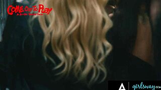 Ten girls in lesbian gangbang take rough fisting strap-on squirting.