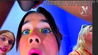 big tits brunette slut and friends slobber boyfriends' cocks in group interracial orgy