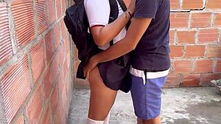 horny student gets fucked standing in a dead-end alley right after school by huge cock