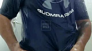 that masked tattooed bodybuilder steps into the shower strokes his toy hard till cum sprays everywhere alone