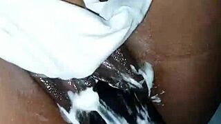 Husband watches tall wife take huge 22 cm dildo insertion